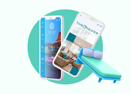 Mockups con ejemplos de Apps para hoteles y una imagen de una cama