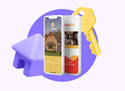 Mockups con ejemplos de Apps para inmobiliarias y una imagen de una casa con una llave