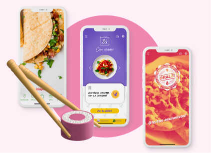 Mockups con ejemplos de Apps para restaurantes y una imagen de unos palillos chinos con un trozo de sushi