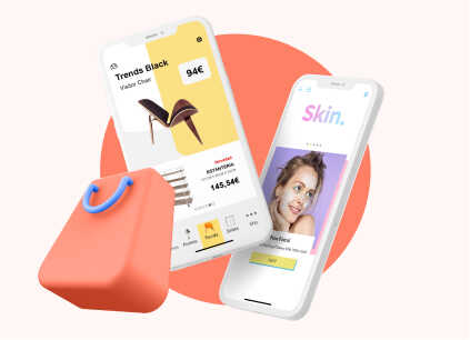 Mockups con ejemplos de Apps para tiendas y una imagen de un bolso