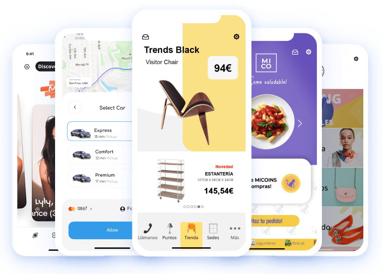 Ejemplos de Apps de restaurantes Varios mockups de móviles con capturas de algunas aplicaciones móviles de restaurantes