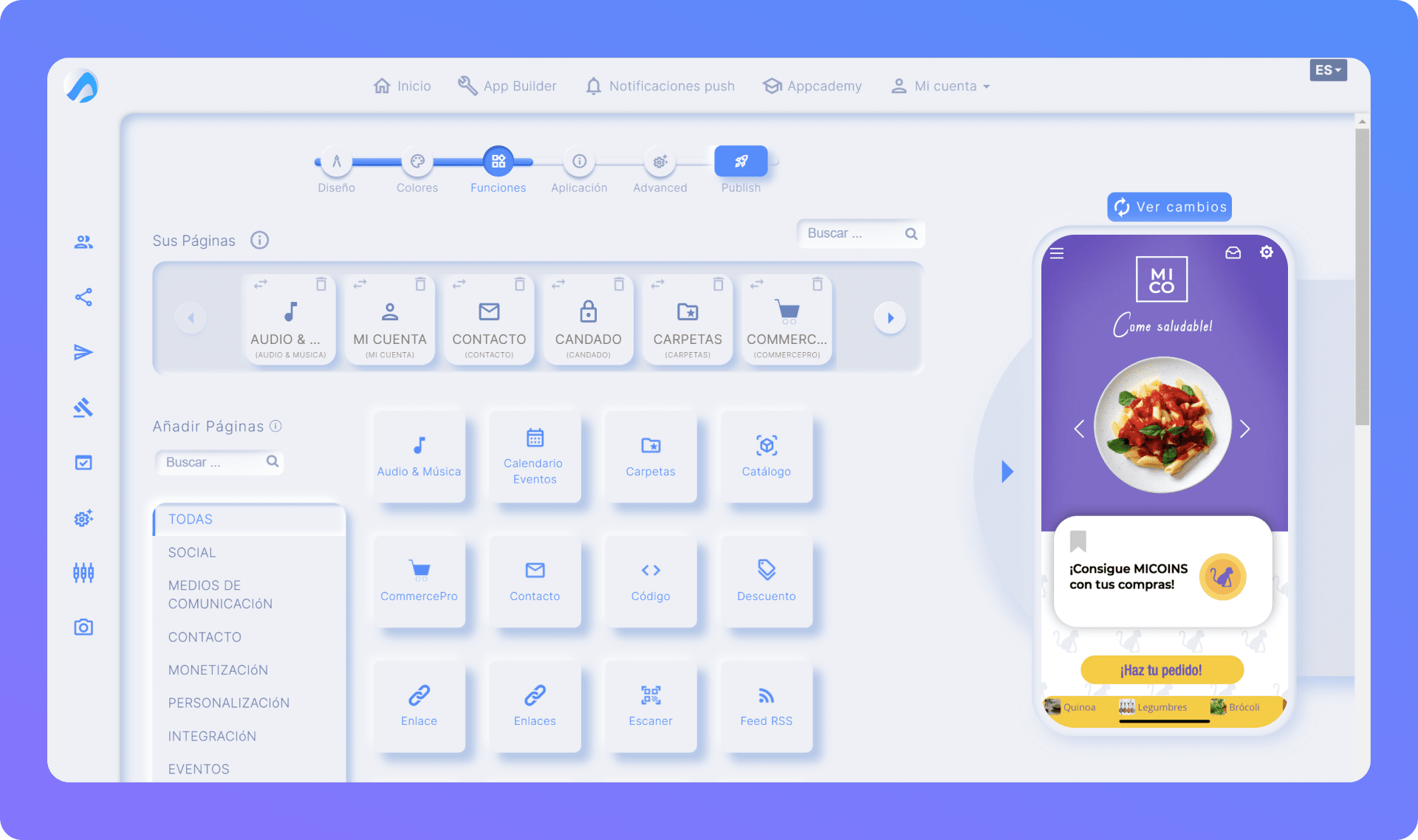 Constructor de Apps de Scoreapps con vista previa móvil