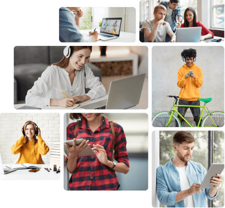 Vende cursos online Imágenes que muestran a gente joven con móviles y ordenadores haciendo cursos online