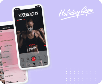Caso de éxito Holiday Gym Mockups de móviles con capturas de la aplicación de Holiday Gym