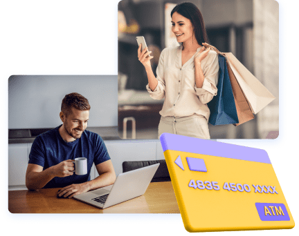 Transacciones seguras Dos personas haciendo compras con el móvil y en la parte de delante una tarjeta de crédito