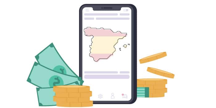 Móvil con la bandera de españa y dinero para las aplicaciones para ganar dinero que se usan en España