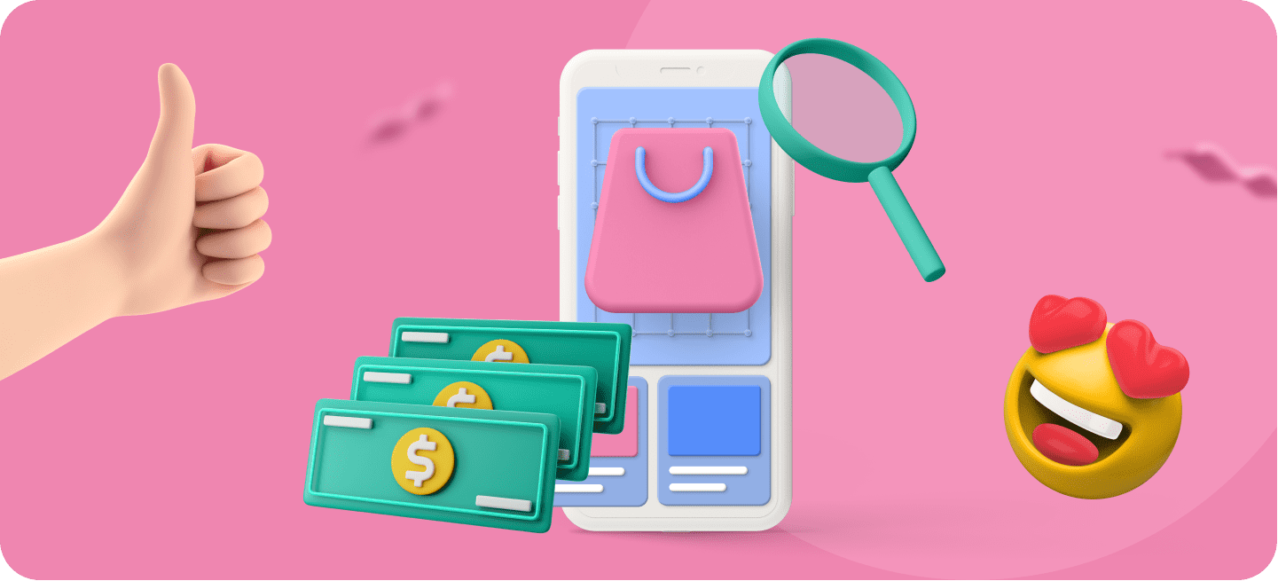 Una imagen de un móvil con dinero, una lupa y un dedo hacia arriba para representar las apps para ganar dinero