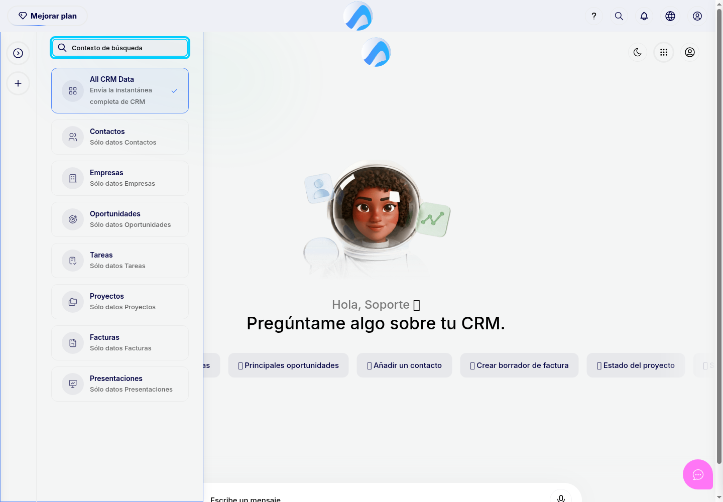 Captura real del Asistente de CRM de Scoreapps con selección de contexto para contactos, oportunidades, tareas y otras áreas
