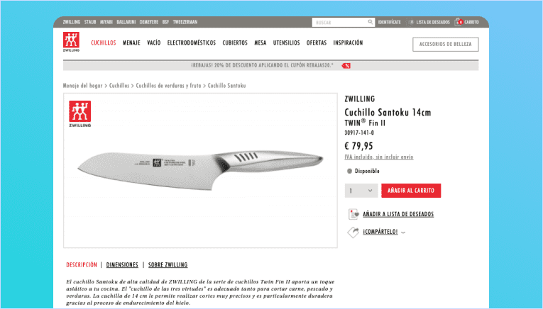 Ficha de un cuchillo japonés Zwilling