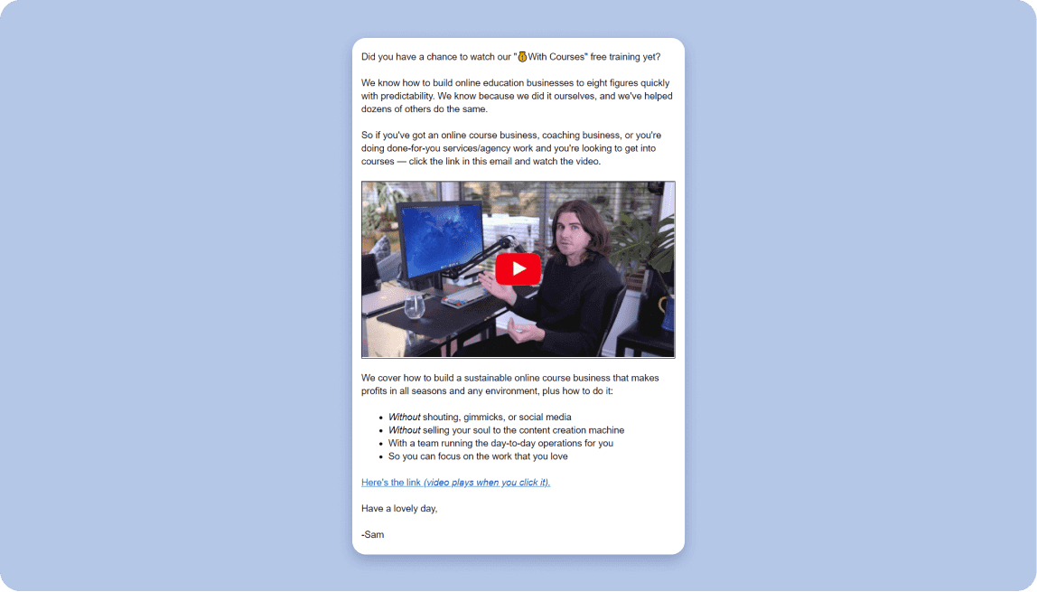 Imagen del email de seguimiento de un webinar en el que aparece Sam Ovens delante de un ordenador