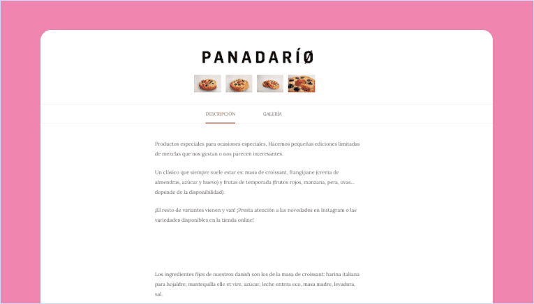Captura de la pantalla de repostería de la panadería Panadarío