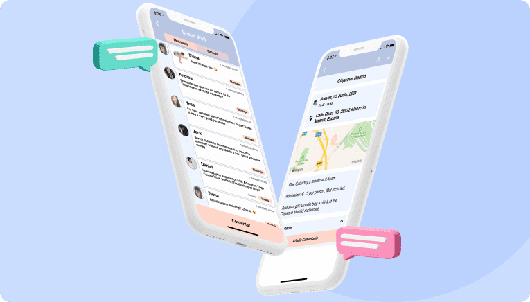 Mockups de móviles con las páginas de gestor de eventos de una app de yoga