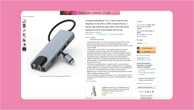 Ficha de producto de Amazon de un hub USB