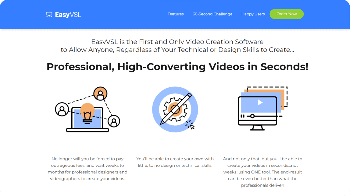 Imagen de una página de venta sobre un infoproducto que crea vídeos profesionales en segundos