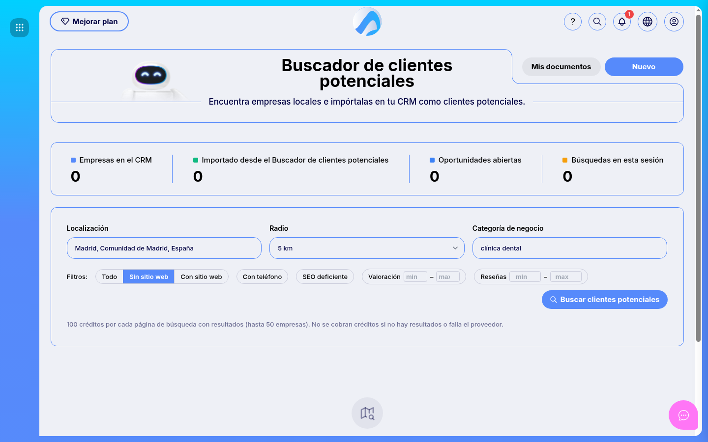 Captura real de Lead Finder en Scoreapps con Madrid, clínicas dentales y filtro de negocios sin sitio web