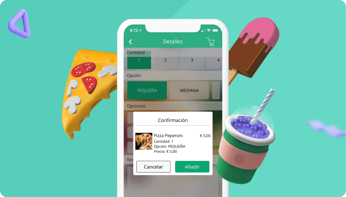 Mockup con la parte de menú de una app de un restaurante
