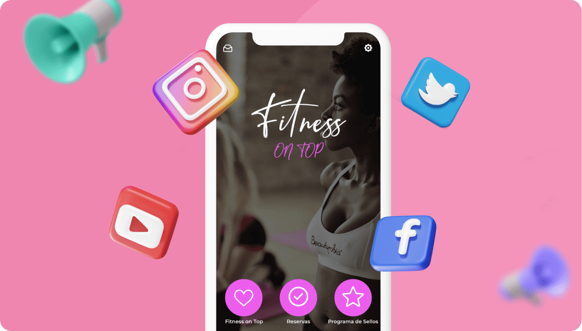 Mockup de un móvil con una aplicación de un gimnasio con los iconos de las redes sociales para representar la promoción del mobile app marketing