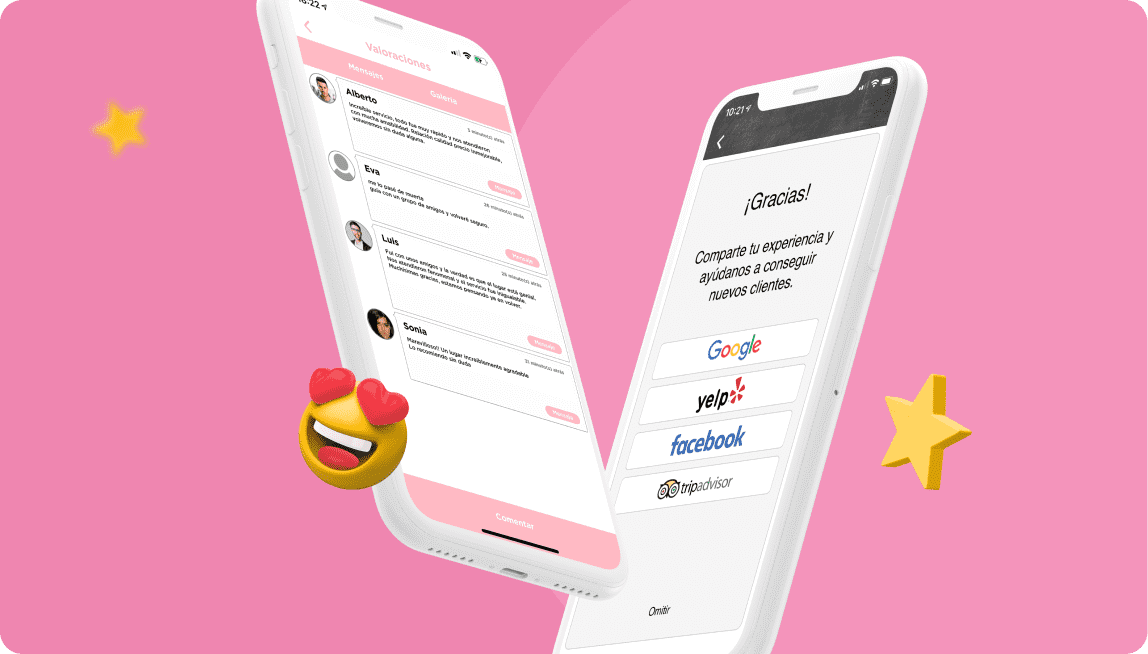 Mockups con la parte de las reseñas de la app de un restaurante como ejemplo de los beneficios de las apps para restaurantes