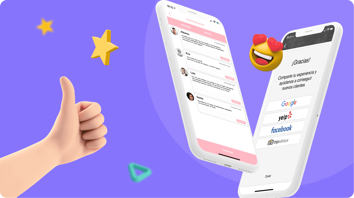 Un mockup de un móvil con una App y una mano con un dedo hacia arriba